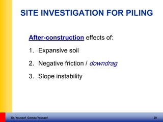 Dr. Youssef Gomaa Youssef 20
SITE INVESTIGATION FOR PILING
After-construction effects of:
1. Expansive soil
2. Negative friction / downdrag
3. Slope instability
 