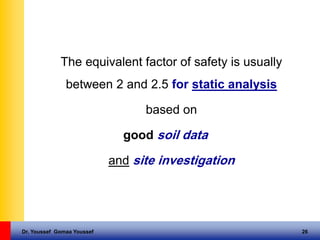Dr. Youssef Gomaa Youssef 26
The equivalent factor of safety is usually
between 2 and 2.5 for static analysis
based on
good soil data
and site investigation
 