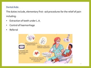 DentalAide:
The duties include, elementary first –aid procedures for the relief of pain
including:
• Extraction of teeth under L.A.
• Control of haemorrhage
• Referral
24
 