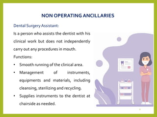 Dental Surgery Assistant:
Is a person who assists the dentist with his
clinical work but does not independently
carry out any procedures in mouth.
Functions:
• Smooth running of the clinical area.
• Management of instruments,
equipments and materials, including
cleansing, sterilizing and recycling.
• Supplies instruments to the dentist at
chairside as needed.
NON OPERATING ANCILLARIES
6
 