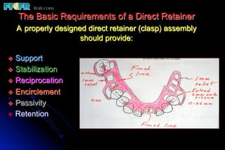 The Basic Requirements of a Direct Retainer
  A properly designed direct retainer (clasp) assembly
                    should provide:

v  Support
v  Stabilization
v  Reciprocation
v  Encirclement
v  Passivity
v  Retention
 
