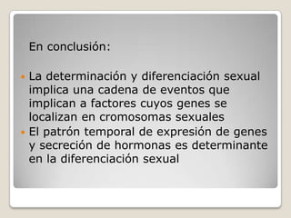 En conclusión:

 La determinación y diferenciación sexual
  implica una cadena de eventos que
  implican a factores cuyos genes se
  localizan en cromosomas sexuales
 El patrón temporal de expresión de genes
  y secreción de hormonas es determinante
  en la diferenciación sexual
 