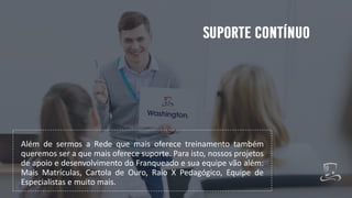 Além de sermos a Rede que mais oferece treinamento também
queremos ser a que mais oferece suporte. Para isto, nossos projetos
de apoio e desenvolvimento do Franqueado e sua equipe vão além:
Mais Matrículas, Cartola de Ouro, Raio X Pedagógico, Equipe de
Especialistas e muito mais.
 