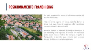 No setor de expansão, nosso foco é em cidades de até
100 mil habitantes.
Isto nos torna experts em nosso trabalho. Somos a
única rede cujo foco de expansão são municípios
menores mas com alto potencial.
Além de termos as melhores estratégias comerciais e
de marketing para captação de alunos em mercados
como estes, nosso modelo de franquia respeita o
franqueado e permite que, mesmo com poucos
alunos, já obtenha resultados positivos.
 
