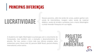 Nossos parceiros, além da venda de cursos, podem ganhar com
venda de intercâmbios, margem sobre venda de material
didático, venda de brindes e produtos com a marca Washington
e ainda revender franquias em sua região.
A Academia de Inglês Washington se preocupa com o crescimento do
Franqueado, mas também com a evolução e desenvolvimento do
planeta. Por isso, somos a única rede que oferece projetos sócio
ambientais como: Aluno nota 10, parceira WWF Brasil, parceria Rotary
International, entre outros.
 