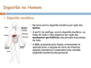 Digestão no Homem
15
 Na boca ocorre digestão mecânica por ação dos
dentes; 
 A partir do esófago, ocorre digestão mecânica  ao
longo de todo o tubo digestivo por ação dos
movimentos peristálticos das paredes musculosas
do tubo.
 A bílis, produzida pelo fígado, armazenada na
vesícula biliar e lançada no início do intestino
delgado (duodeno) é responsável pela emulsão
(digestão mecânica) das gorduras.
 Digestão mecânica
 