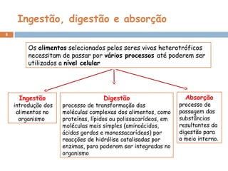 Ingestão, digestão e absorção
8
Os alimentos selecionados pelos seres vivos heterotróficos
necessitam de passar por vários processos até poderem ser
utilizados a nível celular
Ingestão
introdução dos
alimentos no
organismo
Digestão
processo de transformação das
moléculas complexas dos alimentos, como
proteínas, lípidos ou polissacarídeos, em
moléculas mais simples (aminoácidos,
ácidos gordos e monossacarídeos) por
reacções de hidrólise catalisadas por
enzimas, para poderem ser integradas no
organismo
Absorção
processo de
passagem das
substâncias
resultantes da
digestão para
o meio interno.
 