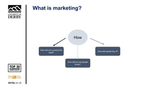 What is marketing?
How
How will your product be
used?
How will you let people
know?
How will people buy it?
 