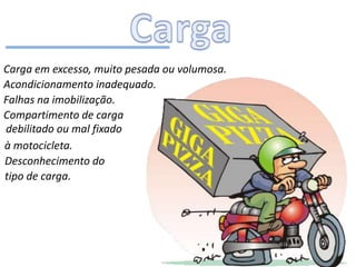 Carga em excesso, muito pesada ou volumosa.
Acondicionamento inadequado.
Falhas na imobilização.
Compartimento de carga
debilitado ou mal fixado
à motocicleta.
Desconhecimento do
tipo de carga.
 