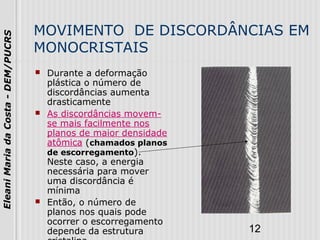 12
EleaniMariadaCosta-DEM/PUCRS
MOVIMENTO DE DISCORDÂNCIAS EM
MONOCRISTAIS
 Durante a deformação
plástica o número de
discordâncias aumenta
drasticamente
 As discordâncias movem-
se mais facilmente nos
planos de maior densidade
atômica (chamados planos
de escorregamento).
Neste caso, a energia
necessária para mover
uma discordância é
mínima
 Então, o número de
planos nos quais pode
ocorrer o escorregamento
depende da estrutura
 