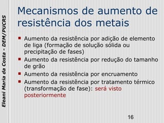 16
EleaniMariadaCosta-DEM/PUCRS
Mecanismos de aumento de
resistência dos metais
 Aumento da resistência por adição de elemento
de liga (formação de solução sólida ou
precipitação de fases)
 Aumento da resistência por redução do tamanho
de grão
 Aumento da resistência por encruamento
 Aumento da resistência por tratamento térmico
(transformação de fase): será visto
posteriormente
 