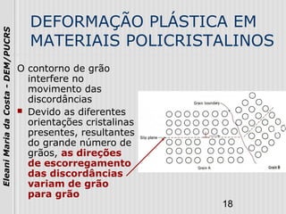 18
EleaniMariadaCosta-DEM/PUCRS
DEFORMAÇÃO PLÁSTICA EM
MATERIAIS POLICRISTALINOS
O contorno de grão
interfere no
movimento das
discordâncias
 Devido as diferentes
orientações cristalinas
presentes, resultantes
do grande número de
grãos, as direções
de escorregamento
das discordâncias
variam de grão
para grão
 