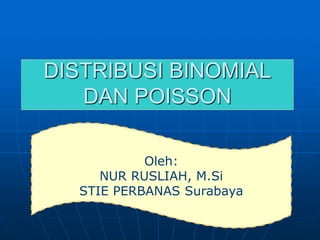 DISTRIBUSI BINOMIAL
DAN POISSON
Oleh:
NUR RUSLIAH, M.Si
STIE PERBANAS Surabaya
 