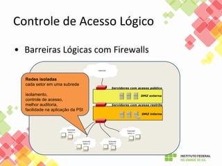 Controle de Acesso Lógico
• Barreiras Lógicas com Firewalls
Redes isoladas
cada setor em uma subrede
isolamento,
controle de acesso,
melhor auditoria,
facilidade na aplicação da PSI
 