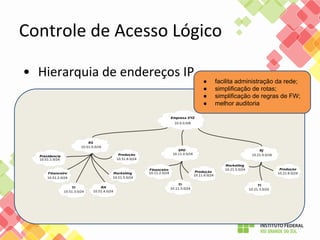 Controle de Acesso Lógico
• Hierarquia de endereços IP
● facilita administração da rede;
● simplificação de rotas;
● simplificação de regras de FW;
● melhor auditoria
 