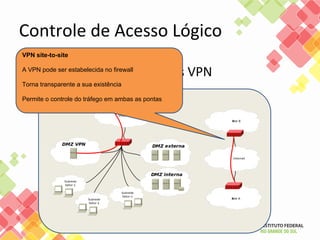 Controle de Acesso Lógico
• Localização de servidores VPN
VPN site-to-site
A VPN pode ser estabelecida no firewall
Torna transparente a sua existência
Permite o controle do tráfego em ambas as pontas
 