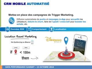 12 
CRM MOBILE AUTOMATISÉ 
Mettez en place des campagnes de Trigger Marketing. 
Diffusion automatisée de pushs et messages in-App pour accueillir les 
utilisateurs, réduire le churn, faire de l’upsell / cross-sell pour booster les 
achats, etc. 
Données SDK Comportement Localisation 
Via Geofencing ou iBeacon 
DATA PERFORMANCE SUMMIT – 15 OCTOBRE 2014 
 