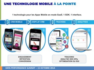 4 
UNE TECHNOLOGIE MOBILE À LA POINTE 
1 technologie pour les Apps Mobile en mode SaaS. 1 SDK. 1 interface. 
DISPLAY CRM MOBILE CRM TRACKING ANALYTICS 
ENGAGEMENT 
RÉTENTION 
CONVERSION 
DATA PERFORMANCE SUMMIT – 15 OCTOBRE 2014 
TRACKING 
ANALYSE DES KPIs 
OPTIMISATION DU ROI 
 