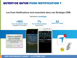 5 
QU’EST-CE QU’UN PUSH NOTIFICATION ? 
Les Push Notifications sont essentiels dans une Stratégie CRM. 
Nombreux avantages. 
>50% 
Taux d’Acceptation Opt-In 
(simplicité : rien à saisir) 
7% 
Taux de Réaction Moyen 
(jusqu’à 40%) 
DATA PERFORMANCE SUMMIT – 15 OCTOBRE 2014 
X2 
Impact sur l’Usage 
 