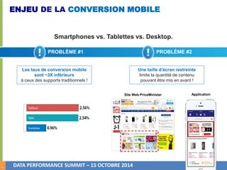 7 
ENJEU DE LA CONVERSION MOBILE 
Smartphones vs. Tablettes vs. Desktop. 
Site Web PriceMinister 
DATA PERFORMANCE SUMMIT – 15 OCTOBRE 2014 
PROBLÈME #2 
Les taux de conversion mobile 
sont ~3X inférieurs 
à ceux des supports traditionnels ! 
Une taille d’écran restreinte 
limite la quantité de contenu 
pouvant être mis en avant ! 
Application 
PROBLÈME #1 
 