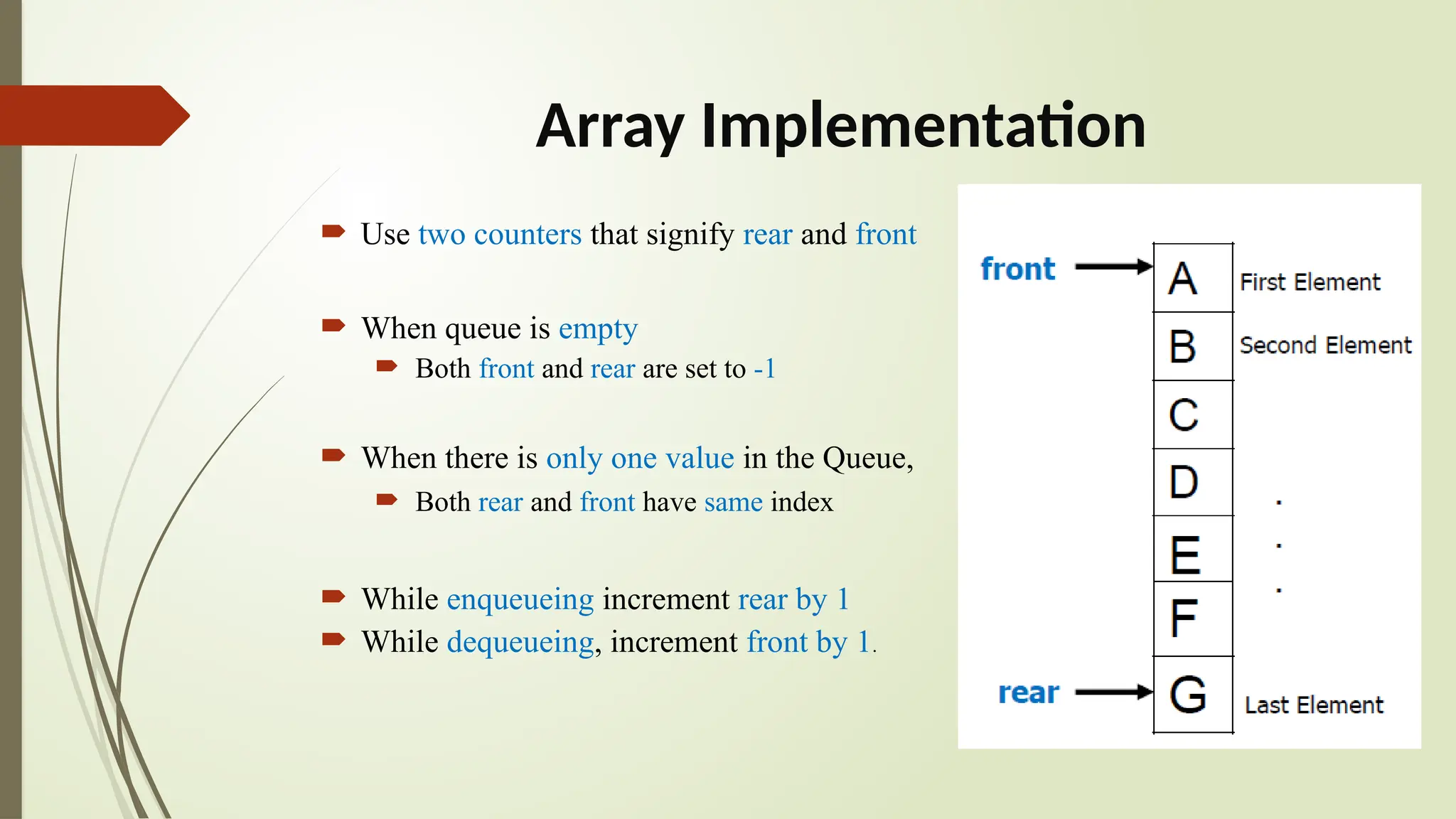 Array Implementation
 Use two counters that signify rear and front
 When queue is empty
 Both front and rear are set to -1
 When there is only one value in the Queue,
 Both rear and front have same index
 While enqueueing increment rear by 1
 While dequeueing, increment front by 1.
 