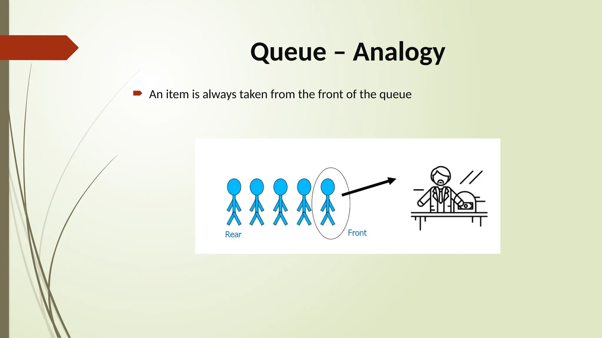 Queue – Analogy
 An item is always taken from the front of the queue
 