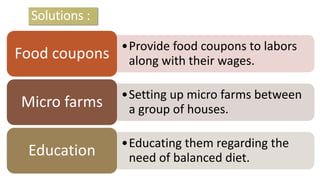 Solutions :
•Provide food coupons to labors
along with their wages.Food coupons
•Setting up micro farms between
a group of houses.Micro farms
•Educating them regarding the
need of balanced diet.Education
5
 