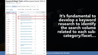 #ecommerceseo at #deepseocon by @aleyda from @orainti
It’s fundamental to
develop a keyword
research to identify
the search volume
related to each sub-
category/facet…
 