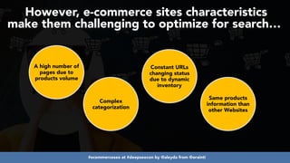#ecommerceseo at #deepseocon by @aleyda from @orainti
However, e-commerce sites characteristics
 
make them challenging to optimize for search…
A high number of
pages due to
products volume
Complex
categorization
Constant URLs
changing status
due to dynamic
inventory
Same products
information than
other Websites
 
