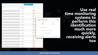 #ecommerceseo at #deepseocon by @aleyda from @orainti
Use real
time monitoring
systems to
perform this
identification
much more
quickly,
receiving alerts
too
Little Warden & Content King
 