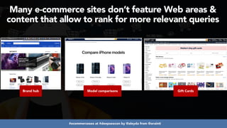 #ecommerceseo at #deepseocon by @aleyda from @orainti
Many e-commerce sites don’t feature Web areas &
content that allow to rank for more relevant queries
Brand hub Model comparisons Gift Cards
 