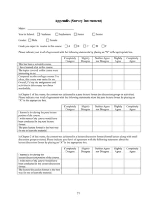 Appendix (Survey Instrument)

Major:

Year in School:       Freshman            Sophomore        Junior            Senior

Gender:      Male              Female

Grade you expect to receive in this course:      A         B        C        D        F

Please indicate your level of agreement with the following statements by placing an “X” in the appropriate box.

                                              Completely        Slightly    Neither Agree      Slightly    Completely
                                               Disagree         Disagree    nor Disagree        Agree        Agree
This has been a valuable course.
I have learned a lot in this course.
The topics covered in this course were
interesting to me.
Compared to other college courses I’ve
taken, this course was easier for me.
Overall, I’d say the assignments and
activities in this course have been
worthwhile.

In Chapter 1 of the course, the content was delivered in a pure lecture format (no discussion groups or activities).
Please indicate your level of agreement with the following statements about the pure lecture format by placing an
“X” in the appropriate box.

                                              Completely        Slightly    Neither Agree      Slightly    Completely
                                               Disagree         Disagree    nor Disagree        Agree        Agree
I learned a lot during the pure lecture
portion of the course.
I wish more of the course would have
been conducted in the pure lecture
format.
The pure lecture format is the best way
for me to learn the material.

In Chapter 2 of the course, the content was delivered in a lecture/discussion format (formal lecture along with small
discussion group sessions). Please indicate your level of agreement with the following statements about the
lecture/discussion format by placing an “X” in the appropriate box.

                                              Completely        Slightly    Neither Agree      Slightly    Completely
                                               Disagree         Disagree    nor Disagree        Agree        Agree
I learned a lot during the
lecture/discussion portion of the course.
I wish more of the course would have
been conducted in the lecture/discussion
format.
The lecture/discussion format is the best
way for me to learn the material.




                                                           21
 
