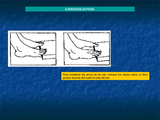 Para fortalecer los arcos de los pie: coloque los dedos sobre un libro  grueso  levante del suelo la bola del pie. EJERCICIOS ACTIVOS. 