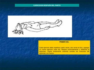 PRIMER DÍA.   Cada ejercicio debe repetirse cuatro veces, dos veces al día y agregar un nuevo ejercicio cada día. Respire profundamente y distienda el abdomen. Espire lentamente mientras contrae los músculos del abdomen con fuerza. EJERCICIOS DESPUÉS DEL PARTO 