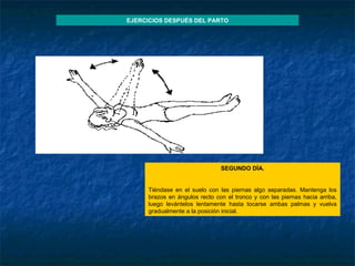 SEGUNDO DÍA.   Tiéndase en el suelo con las piernas algo separadas. Mantenga los brazos en ángulos recto con el tronco y con las piernas hacia arriba, luego levántelos lentamente hasta tocarse ambas palmas y vuelva gradualmente a la posición inicial. EJERCICIOS DESPUÉS DEL PARTO 