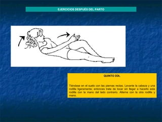 QUINTO DÍA.   Tiéndase en el suelo con las piernas rectas. Levante la cabeza y una rodilla ligeramente; entonces trate de tocar sin llegar a hacerlo esta rodilla con la mano del lado contrario. Alterne con la otra rodilla y mano. EJERCICIOS DESPUÉS DEL PARTO 