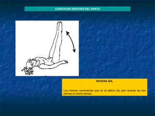 NOVENA DÍA. Los mismos movimientos que en el sétimo día pero levante las dos piernas al mismo tiempo. EJERCICIOS DESPUÉS DEL PARTO 