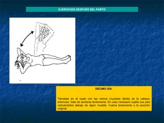 DECIMO DÍA.   Tiéndase en el suelo con las manos cruzadas detrás de la cabeza; entonces, trate de sentarse lentamente. En caso necesario sujete sus pies colocándolos debajo de algún mueble. Vuelva lentamente a la posición original. EJERCICIOS DESPUÉS DEL PARTO 