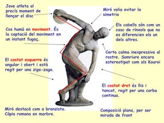 Jove atleta al
precís moment de                 Miró volia evitar la
llençar el disc                  simetria

                                       Els cabells són com un
Cos humà en moviment. És               casc de rínxols que no
la captació del moviment en            es diferencien els un
un instant fugaç.                      dels altres.


                                  Certa calma inexpressiva al
                                  rostre. Somriure encara
El costat esquerre és
                                  estereotipat com als Kouroi
angular i obert i està
regit per una ziga-zaga.


                                El costat dret és llis i
                                tancat, regit per una corba
                                continua.


Miró destacà com a bronzista.   Composició plana, per ser
Còpia romana en marbre.         mirada de front
 