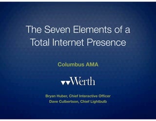 The Seven Elements of a
 Total Internet Presence

          Columbus AMA




    Bryan Huber, Chief Interactive Ofﬁcer
      Dave Culbertson, Chief Lightbulb
 