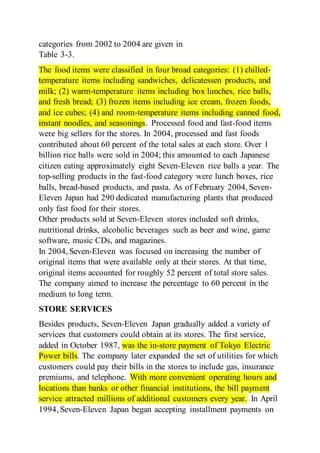 categories from 2002 to 2004 are given in
Table 3-3.
The food items were classified in four broad categories: (1) chilled-
temperature items including sandwiches, delicatessen products, and
milk; (2) warm-temperature items including box lunches, rice balls,
and fresh bread; (3) frozen items including ice cream, frozen foods,
and ice cubes; (4) and room-temperature items including canned food,
instant noodles, and seasonings. Processed food and fast-food items
were big sellers for the stores. In 2004, processed and fast foods
contributed about 60 percent of the total sales at each store. Over 1
billion rice balls were sold in 2004; this amounted to each Japanese
citizen eating approximately eight Seven-Eleven rice balls a year. The
top-selling products in the fast-food category were lunch boxes, rice
balls, bread-based products, and pasta. As of February 2004, Seven-
Eleven Japan had 290 dedicated manufacturing plants that produced
only fast food for their stores.
Other products sold at Seven-Eleven stores included soft drinks,
nutritional drinks, alcoholic beverages such as beer and wine, game
software, music CDs, and magazines.
In 2004, Seven-Eleven was focused on increasing the number of
original items that were available only at their stores. At that time,
original items accounted for roughly 52 percent of total store sales.
The company aimed to increase the percentage to 60 percent in the
medium to long term.
STORE SERVICES
Besides products, Seven-Eleven Japan gradually added a variety of
services that customers could obtain at its stores. The first service,
added in October 1987, was the in-store payment of Tokyo Electric
Power bills. The company later expanded the set of utilities for which
customers could pay their bills in the stores to include gas, insurance
premiums, and telephone. With more convenient operating hours and
locations than banks or other financial institutions, the bill payment
service attracted millions of additional customers every year. In April
1994, Seven-Eleven Japan began accepting installment payments on
 