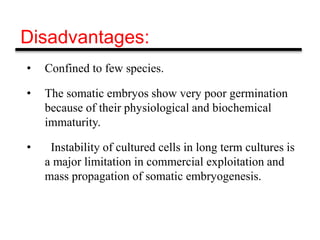Disadvantages:
• Confined to few species.
• The somatic embryos show very poor germination
because of their physiological and biochemical
immaturity.
• Instability of cultured cells in long term cultures is
a major limitation in commercial exploitation and
mass propagation of somatic embryogenesis.
 
