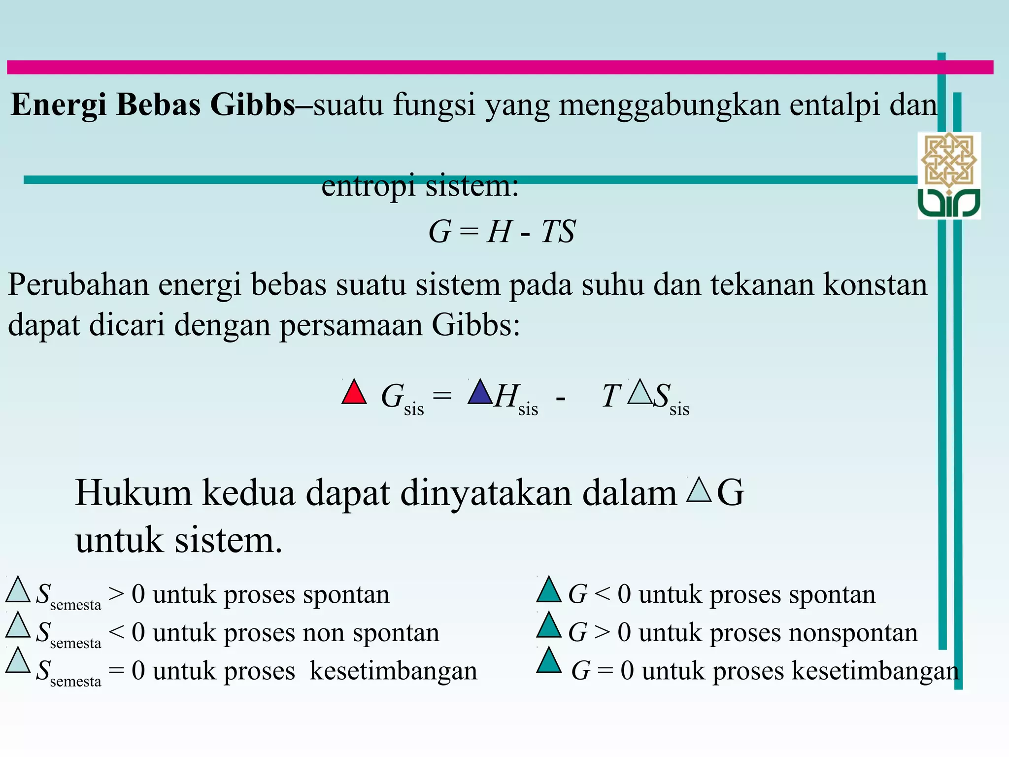 Energi Bebas Gibbs–suatu fungsi yang menggabungkan entalpi dan
entropi sistem:
G = H - TS
Perubahan energi bebas suatu sistem pada suhu dan tekanan konstan
dapat dicari dengan persamaan Gibbs:
Gsis = Hsis - T Ssis
Ssemesta > 0 untuk proses spontan G < 0 untuk proses spontan
Ssemesta < 0 untuk proses non spontan G > 0 untuk proses nonspontan
Ssemesta = 0 untuk proses kesetimbangan G = 0 untuk proses kesetimbangan
Hukum kedua dapat dinyatakan dalam G
untuk sistem.
 