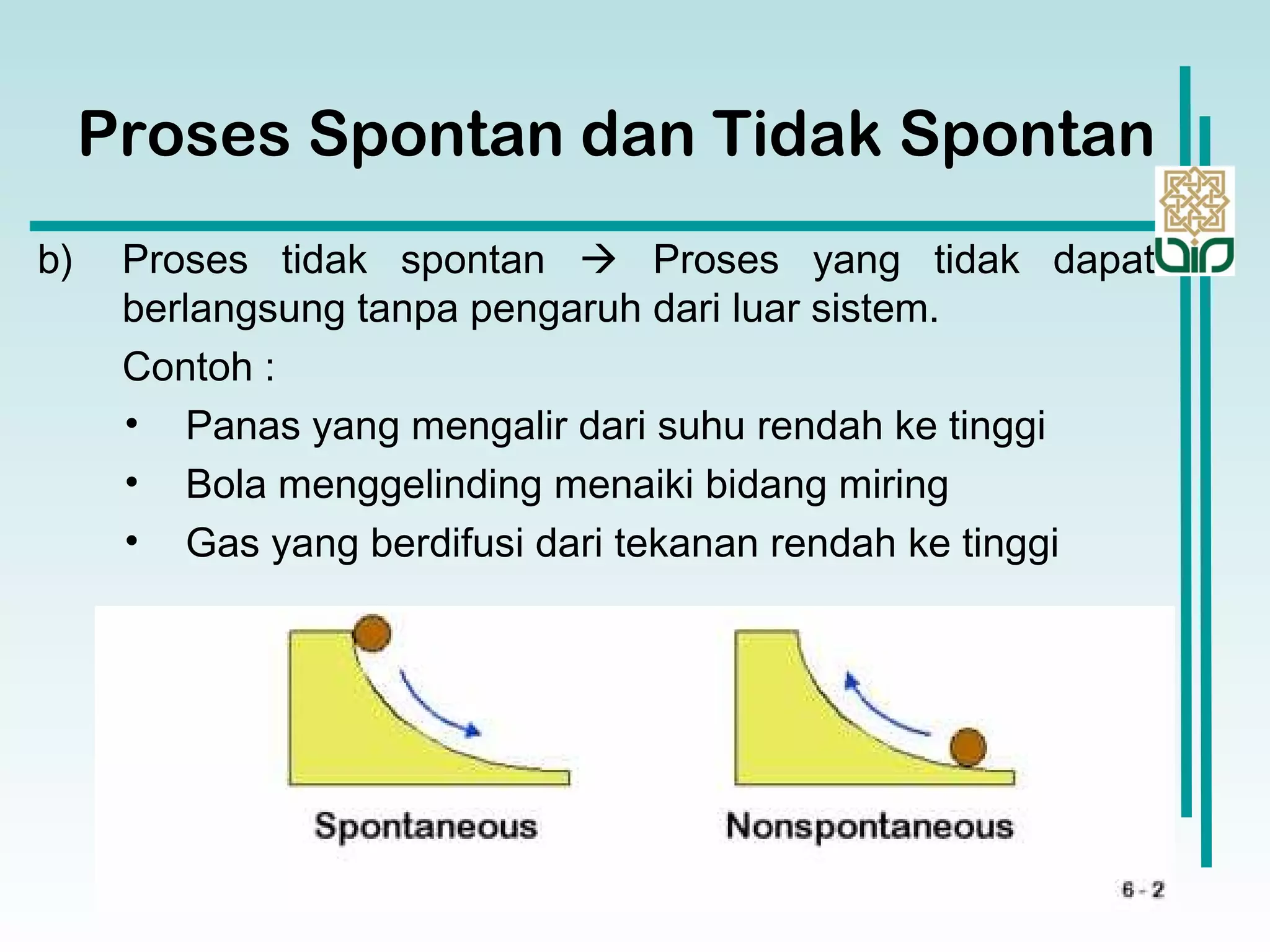 Proses Spontan dan Tidak Spontan
b) Proses tidak spontan  Proses yang tidak dapat
berlangsung tanpa pengaruh dari luar sistem.
Contoh :
• Panas yang mengalir dari suhu rendah ke tinggi
• Bola menggelinding menaiki bidang miring
• Gas yang berdifusi dari tekanan rendah ke tinggi
 