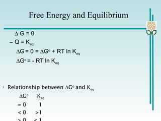 ∆ G = 0
– Q = Keq
∆G = 0 = ∆Go
+ RT ln Keq
∆Go
= - RT ln Keq
• Relationship between ∆Go
and Keq
∆Go
Keq
= 0 1
< 0 >1
Free Energy and Equilibrium
 