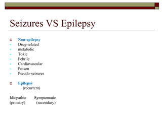 Seizures VS Epilepsy
 Non-epilepsy
 Drug-related
 metabolic
 Toxic
 Febrile
 Cardiovascular
 Poison
 Pseudo-seizures
 Epilepsy
(recurrent)
Idiopathic Symptomatic
(primary) (secondary)
 