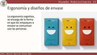 Ergonomía y diseños de envase
La ergonomía cognitiva,
se encarga de la forma
en que los empaques o
envase se comunican
con las personas.
 