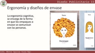 Ergonomía y diseños de envase
La ergonomía cognitiva,
se encarga de la forma
en que los empaques o
envase se comunican
con las personas.
 