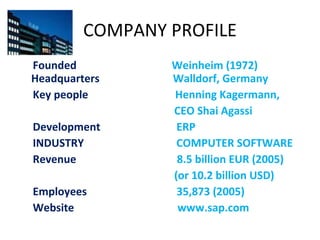 COMPANY PROFILE Founded  Weinheim (1972)   Headquarters  Walldorf, Germany Key people  Henning Kagermann, CEO Shai Agassi Development  ERP INDUSTRY   COMPUTER SOFTWARE Revenue   8.5 billion EUR (2005) (or 10.2 billion USD) Employees   35,873 (2005) Website  www.sap.com 