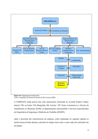 8
Figura 04: Organograma Empresarial.
Fonte: Companhia de Desenvolvimento de São Vicente (2009)
A CODESAVI ainda possui uma sede operacional, localizada na Avenida Nações Unidas,
número 786, no bairro Vila Margarida, São Vicente / SP. Nesta, encontram-se o Serviço de
Atendimento ao Munícipe (SAM), os departamentos almoxarifado e Serviços Especializados
em Engenharia de Segurança e Medicina do Trabalho (SESMT).
Após a descrição das características da empresa, serão explanadas no segundo capítulo as
tarefas desenvolvidas durante o período de estágio, bem como o setor onde são realizadas tais
atividades.
PRESIDÊNCIA
Superintendência de
Planejamento e
Estratégia
Superintendência de
Administração e
Operação
Assessoria Jurídica Assistência de Diretoria
Gerência de
Obras
Ger. de Projetos
e Planejamento
Ger. de
Desenvolvimento
Urbano
Ger. de Limpeza
Urbana
Gerência
Administrativa e
Financeira
Ger. de Manutenção
SESMT
Contabilidade
Licitações e
Compras
Informática
Tesouraria Administração
Rodoviária
Recursos
Humanos
 